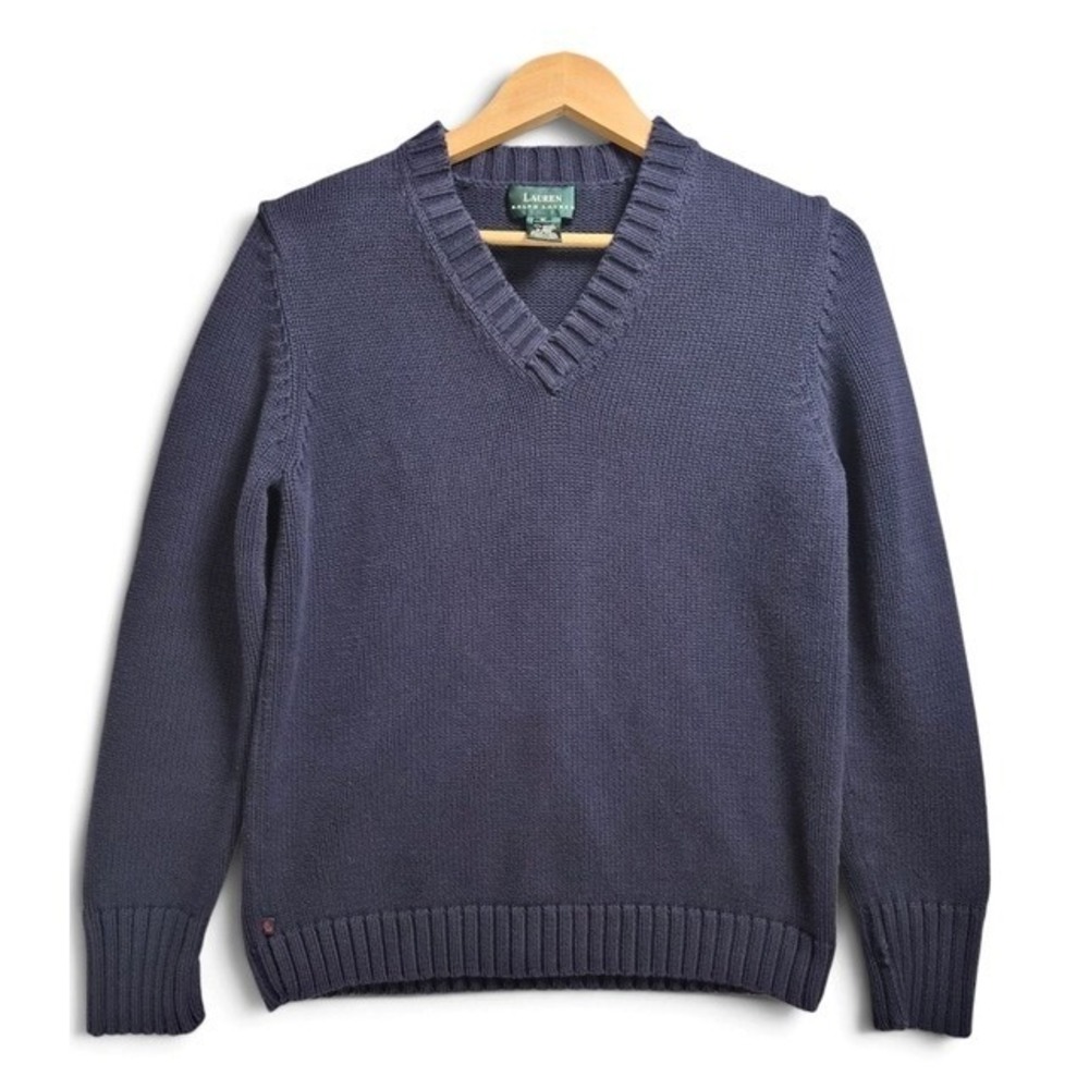Vintage Lauren Ralph Lauren Shaker Knit Sweater Womens Medium Navy Blue V-Neck